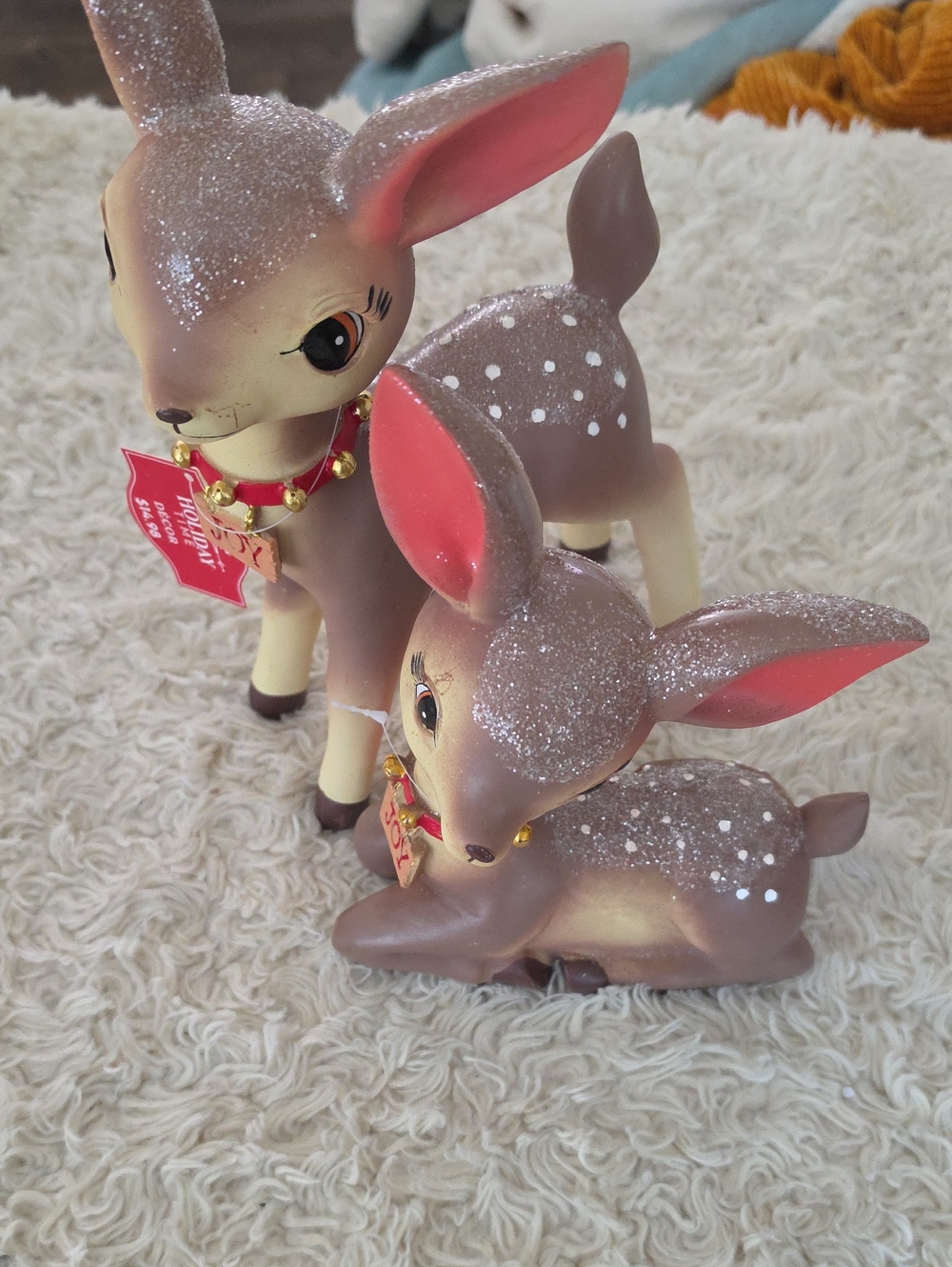 Holiday Time Brown and Pink Glitter Fawn Figurine Pair